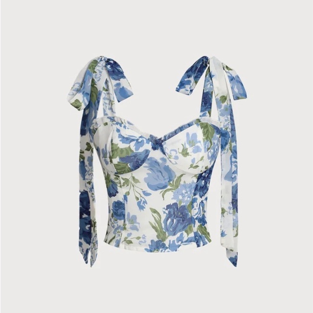 Rihoas blue floral tie ribbon straps cami top size small new no tags